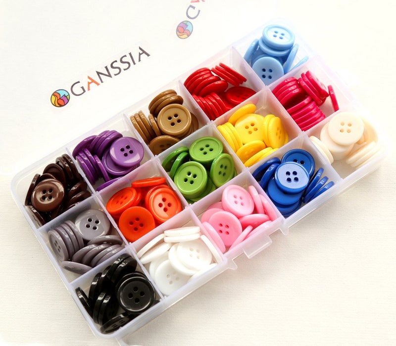 GANSSIA 23/32 Inch (17.5mm) Reisn Button Sewing Flatback Buttons 15 Colors Multi Assorted for DIY Decoration Pack of 225 Pcs with Box - Image 1